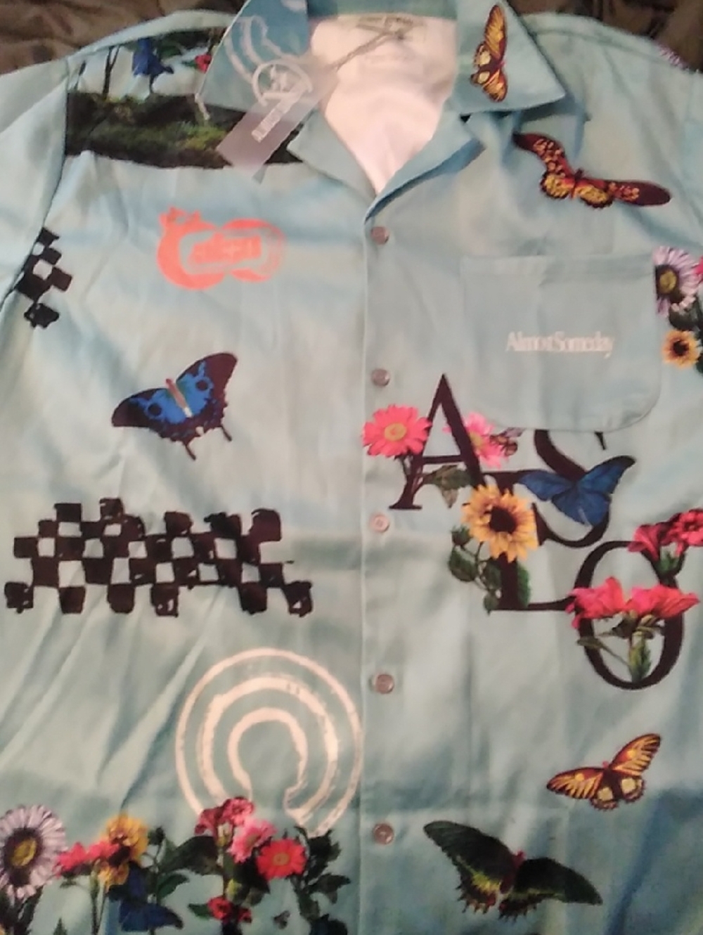 Almost Someday Large Mens Bloom Button Up Blue Short Sleeve NWT Butterfly Design